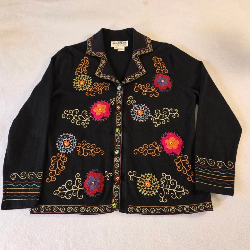 Jack B. Quick Floral Embroidered Knit Cardigan Black Ramie Cotton Sweater M